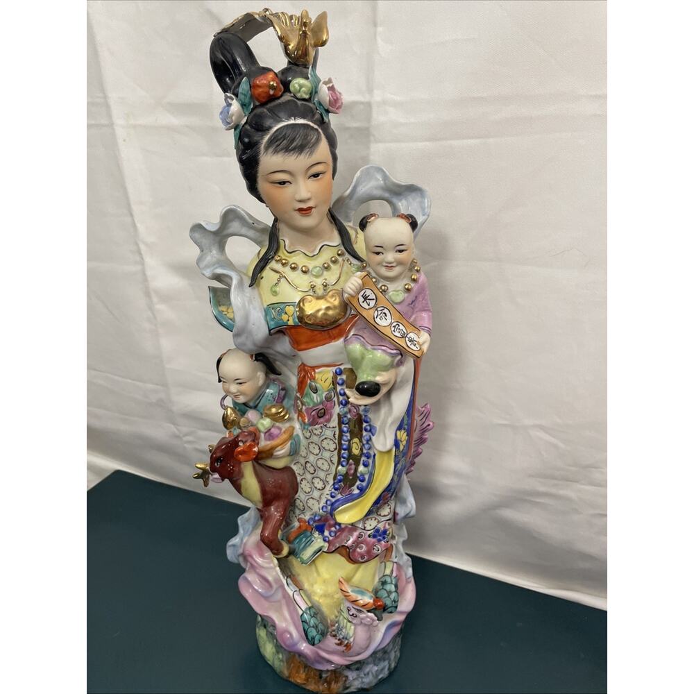 24 In Chinese Porcelain Guanyin Statue Goddess of Mercy w Children Gold Accents